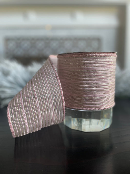 4"x 10 yds. Tinsel stripes baby pink and light gold. Farrisilk.