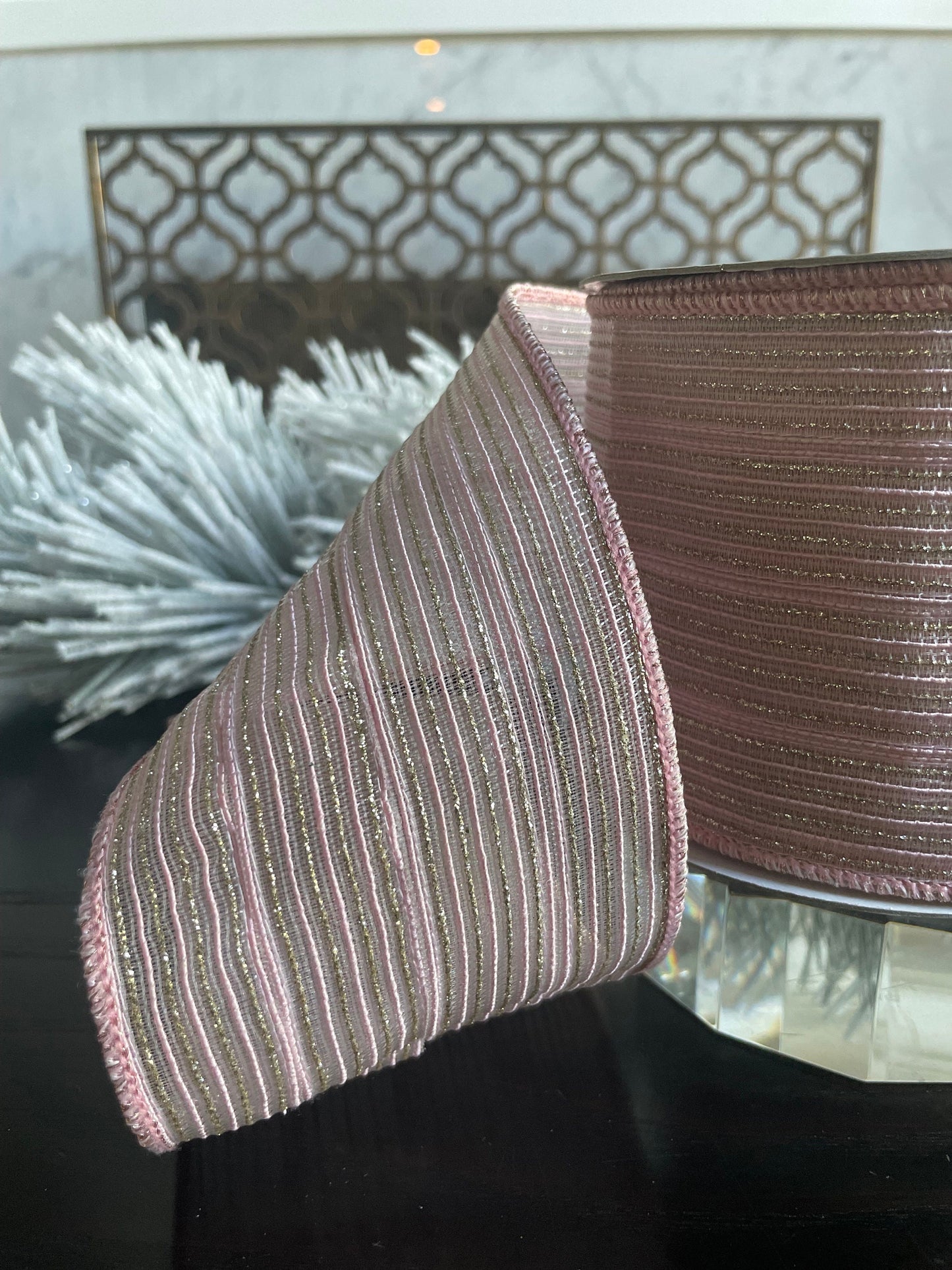 4"x 10 yds. Tinsel stripes baby pink and light gold. Farrisilk.