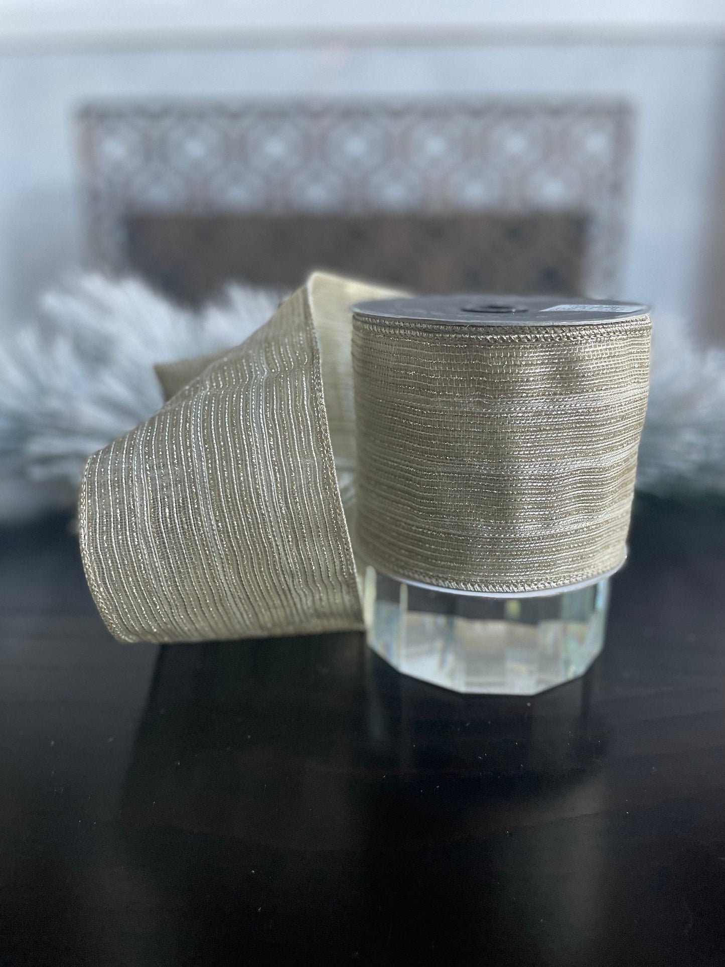 4"x 10 yds. Tinsel stripes platinum. Farrisilk.