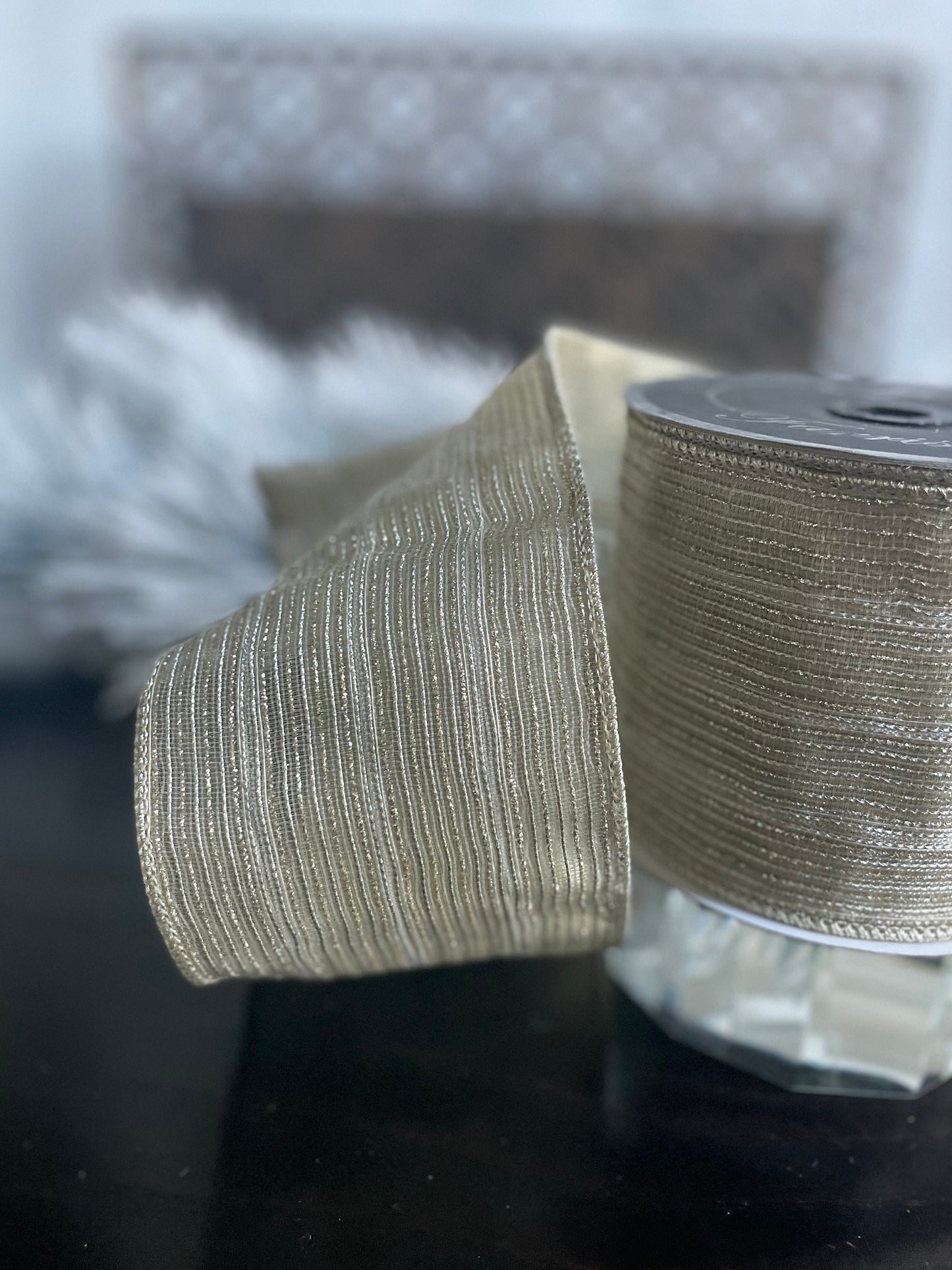 4"x 10 yds. Tinsel stripes platinum. Farrisilk.