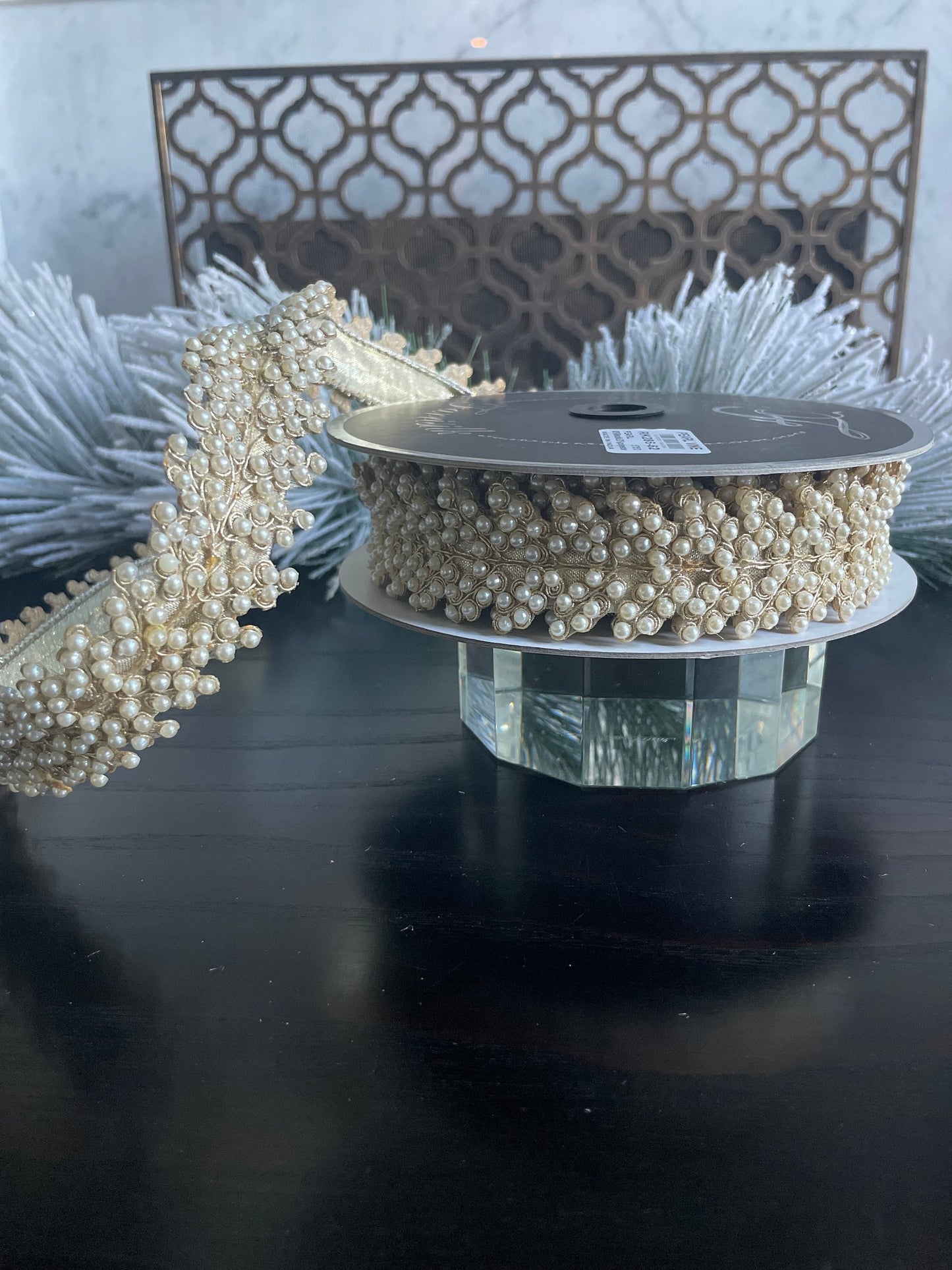 1.5” x 5 yds. Designer pearl vine wired ribbon. Farrisilk.