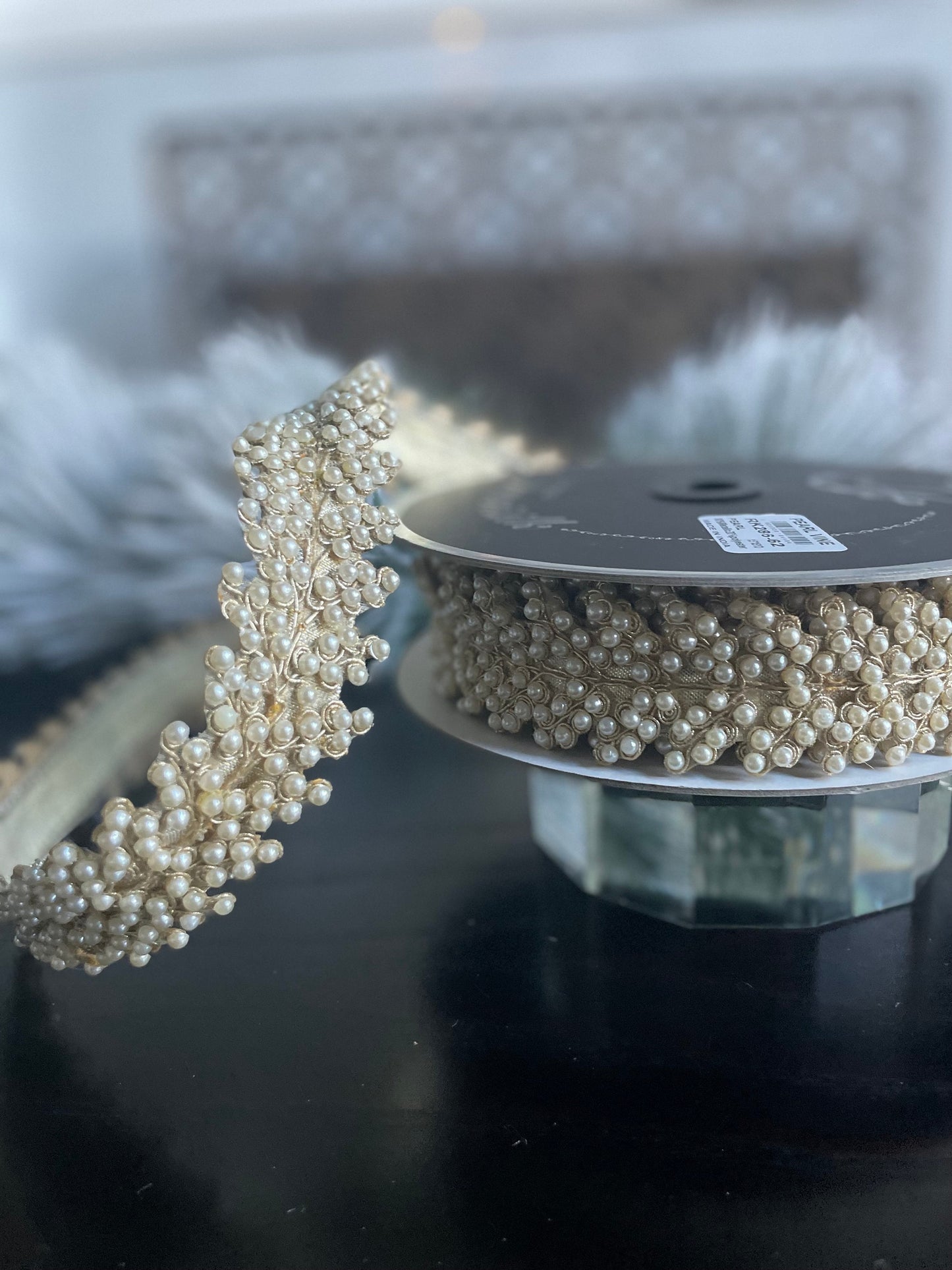 1.5” x 5 yds. Designer pearl vine wired ribbon. Farrisilk.