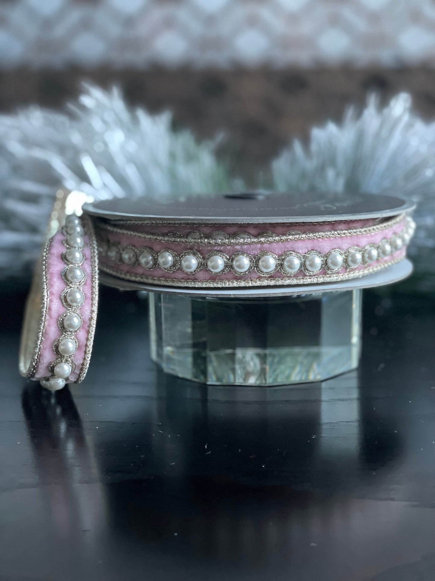 1” x 5 yds. Designer pearl borders baby pink velvet ribbon. Wired. Farrisilk.