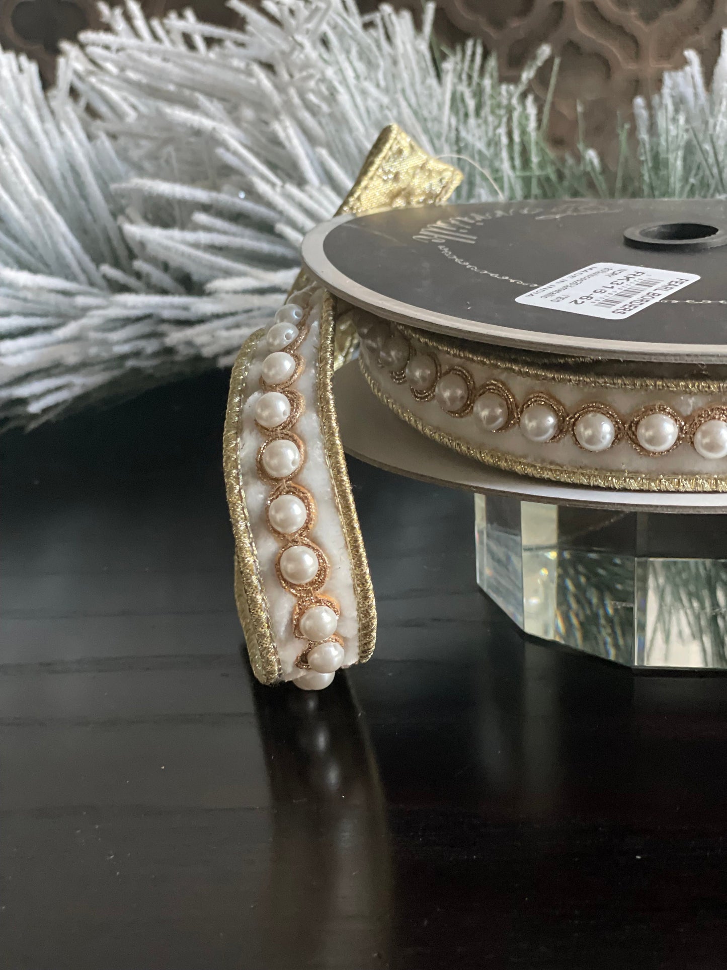 1” x 5 yds. Designer pearl borders ivory velvet ribbon. Wired. Farrisilk.