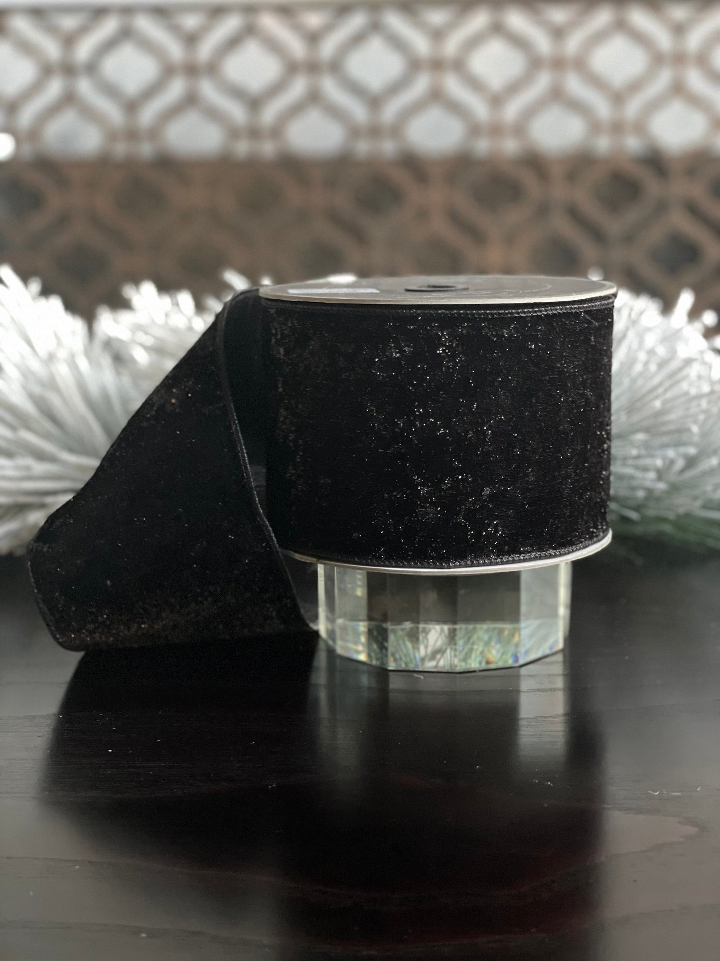 4” x 10 yds. Designer lame velvet black ribbon. Wired. Farrisilk.