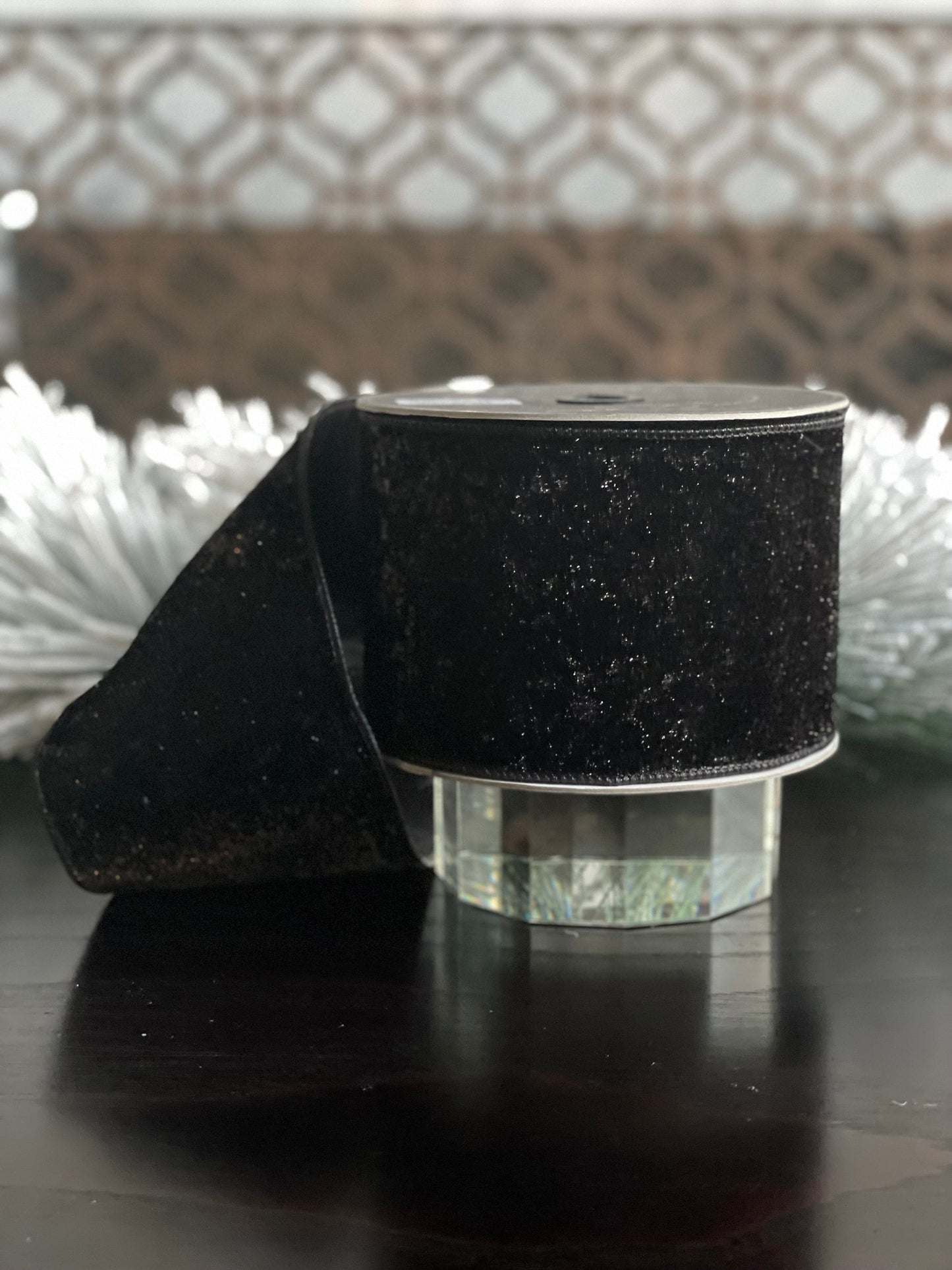 4” x 10 yds. Designer lame velvet black ribbon. Wired. Farrisilk.