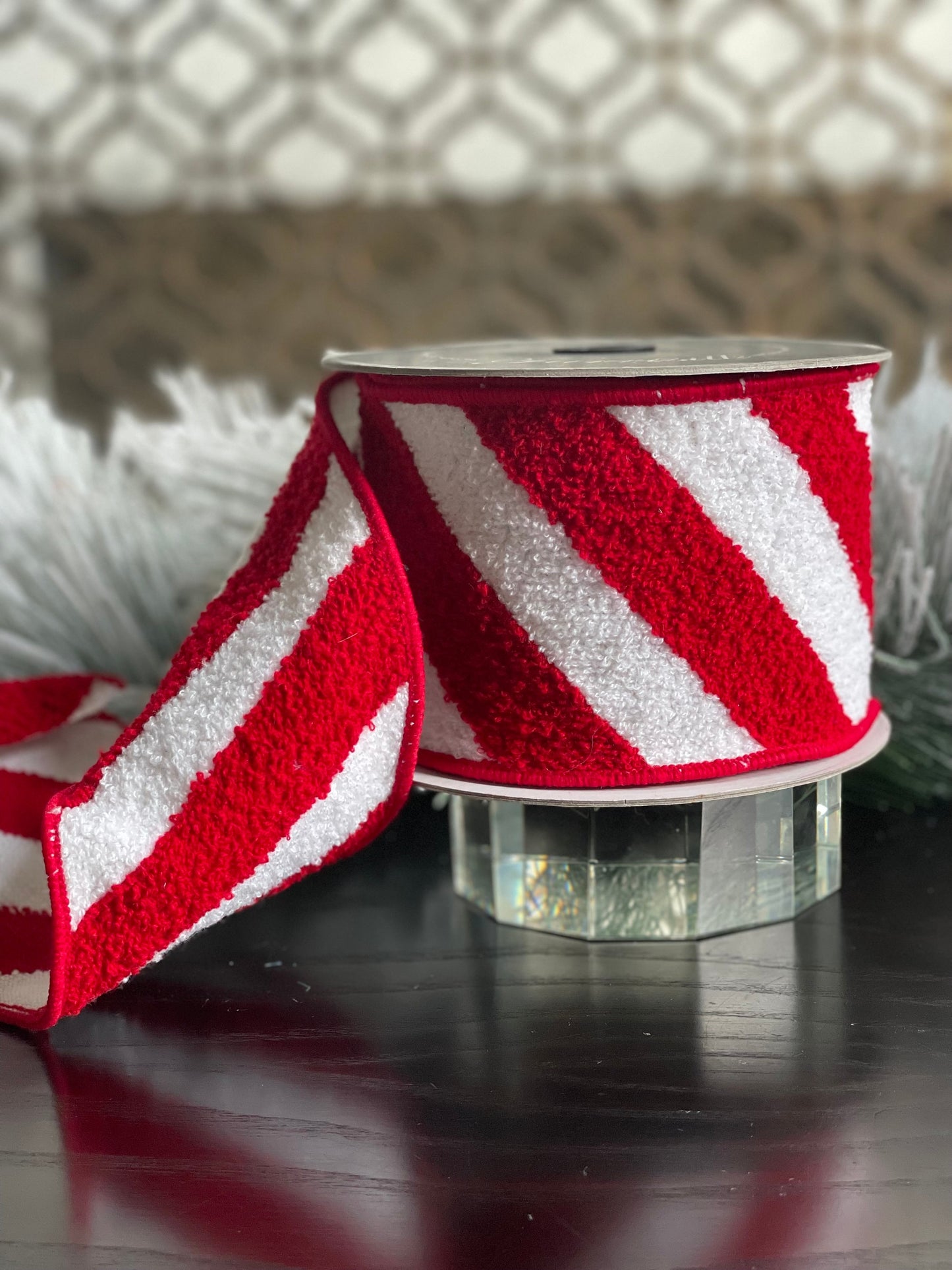 4” x 5 yds terry candy stripes red and white, designer ribbon. Farrisilk