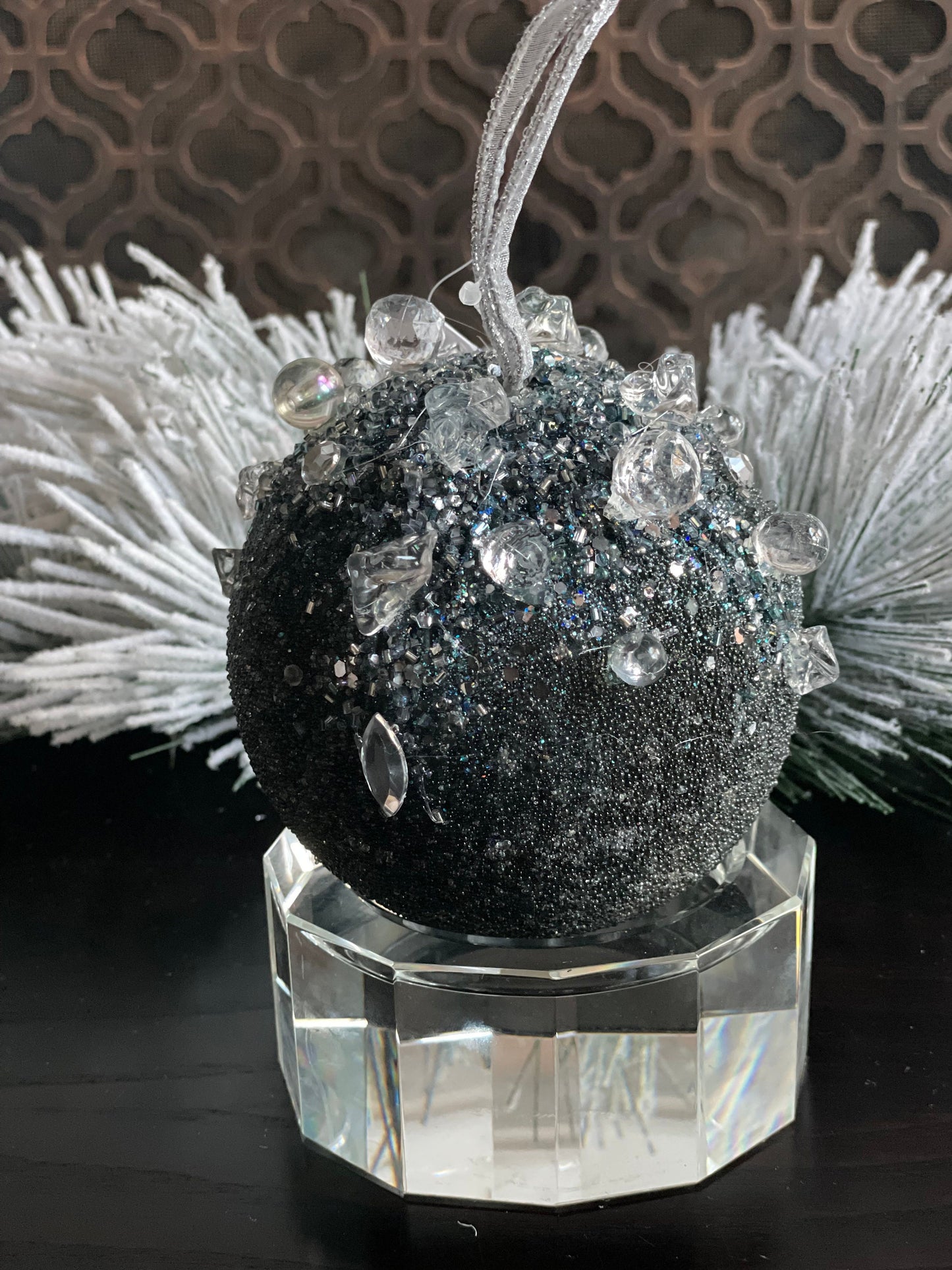 5” beaded bejeweled ball ornament, steel blue.