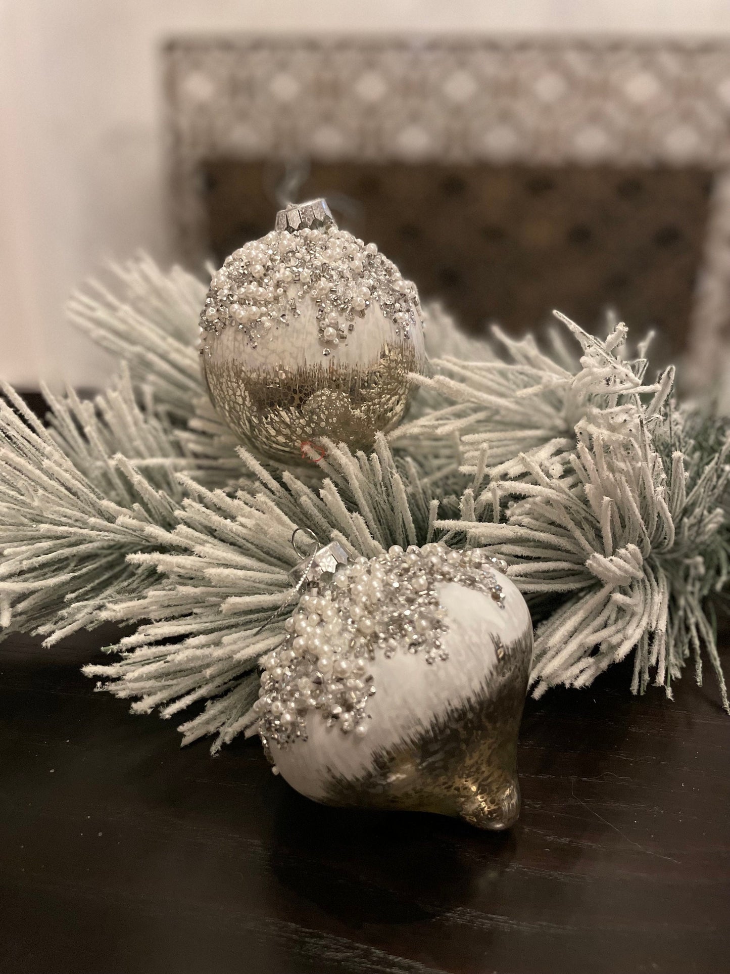 4” Mercury glass ornaments pearl jewel ball and finial ornament. Set of ball and finial.