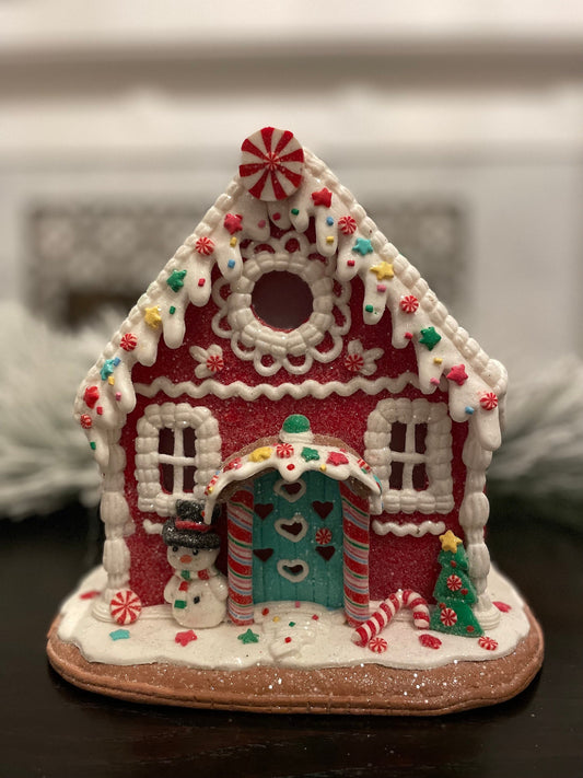 8”H x 8.5”W. Gingerbread lighted house.