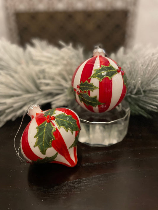 Set of 2. 4” glass stripe and holly ball and onion ornament.