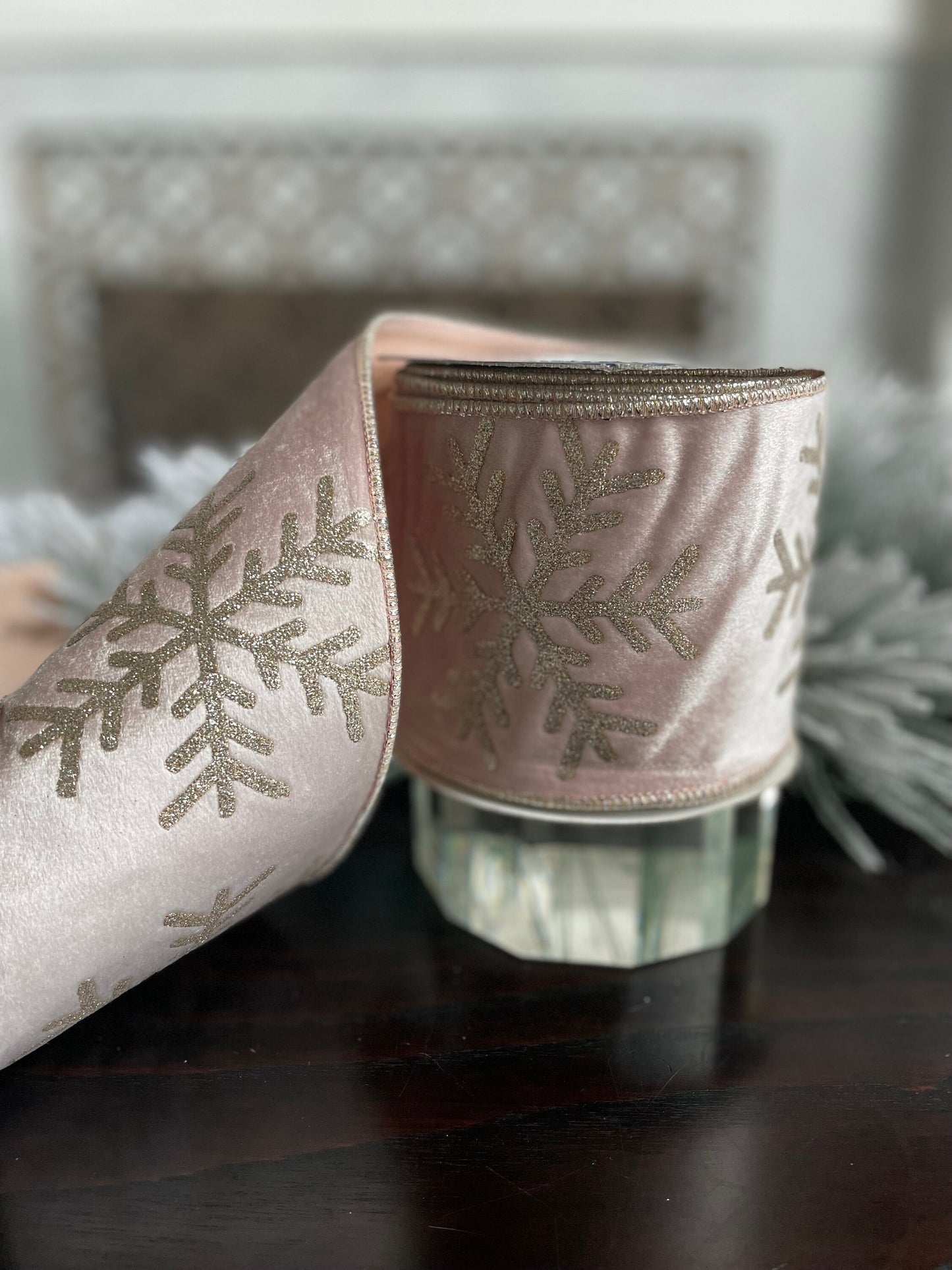 Designer velvet large gold glitter snowflake winter rose ribbon. 4” x 10 yards.*