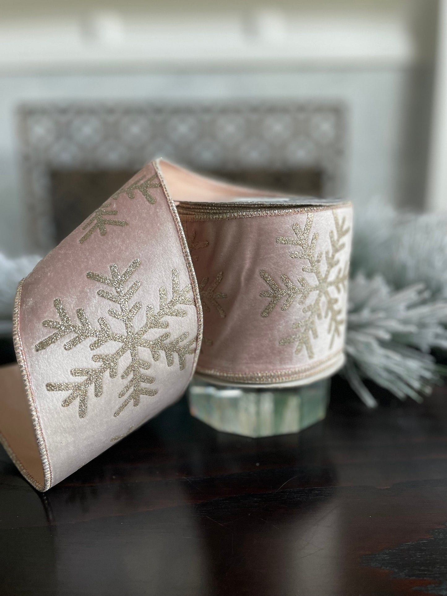 Designer velvet large gold glitter snowflake winter rose ribbon. 4” x 10 yards.*