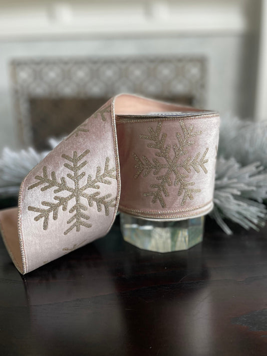 Designer velvet large gold glitter snowflake winter rose ribbon. 4” x 10 yards.*