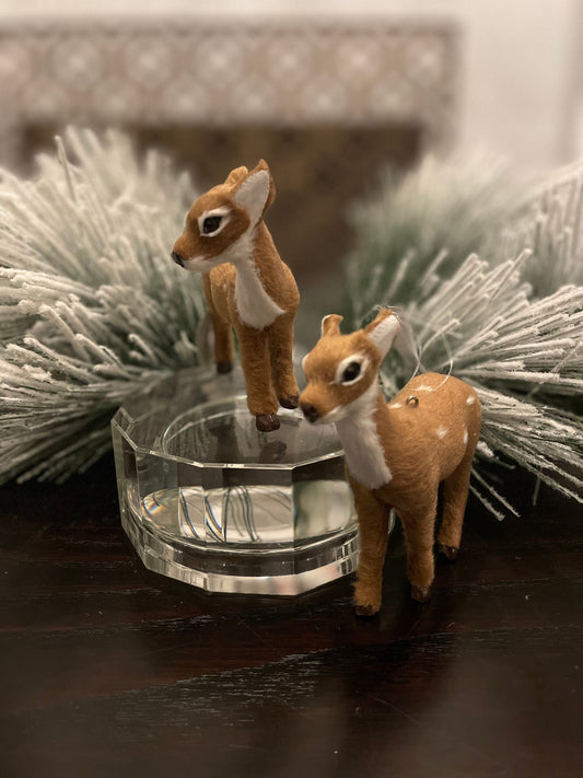 Set of 2. 5” furry fawn ornament. Forest animal.