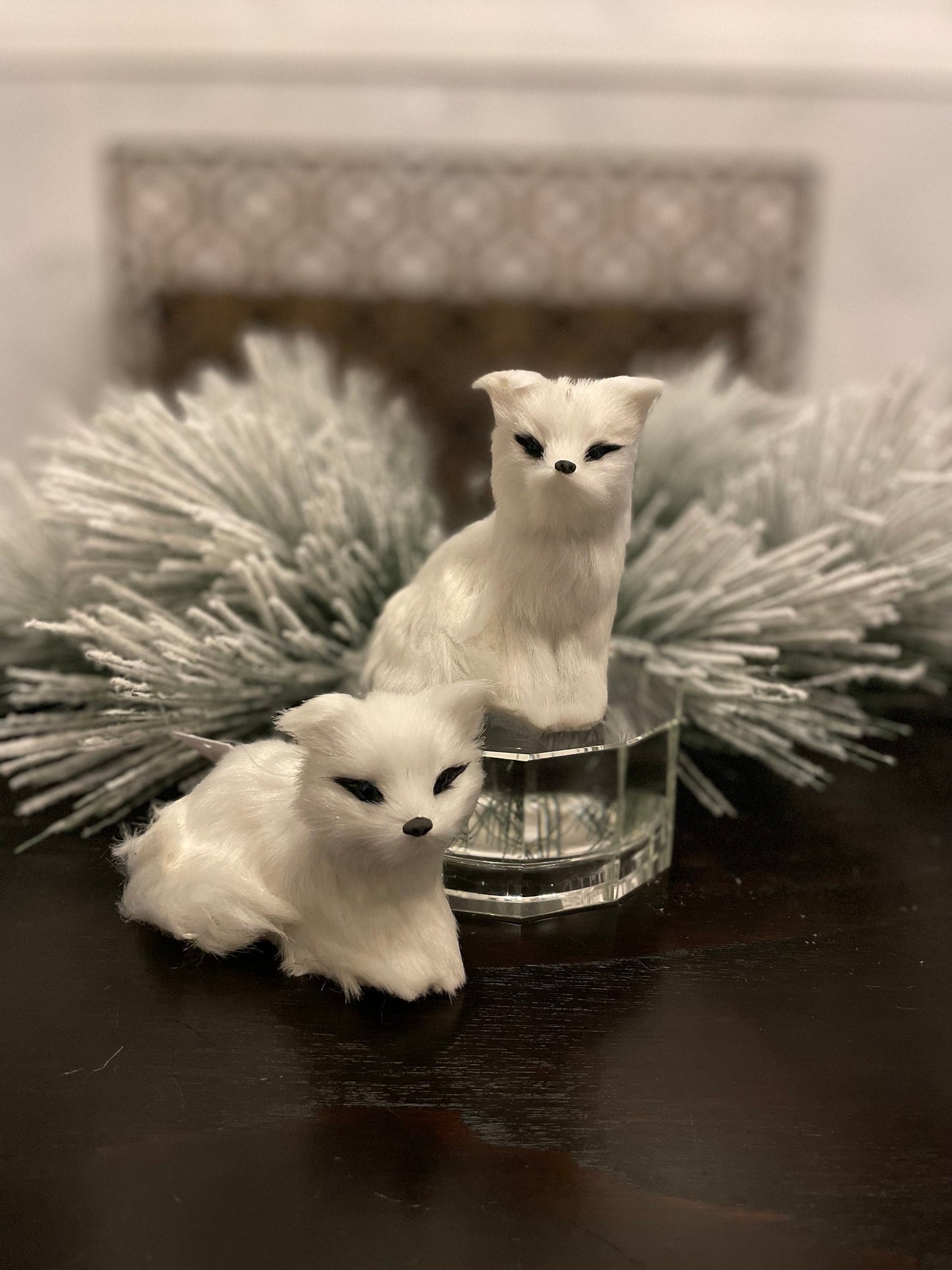 Set of 2. 4” furry fox ornament. Forest animal.