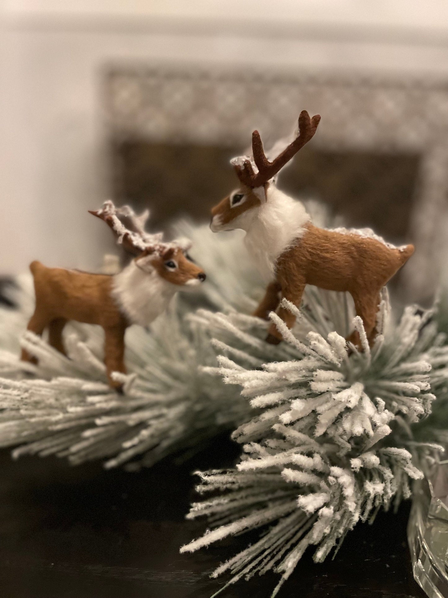 Set of 2. 4.5” faux fur deer ornament. Forest animal.
