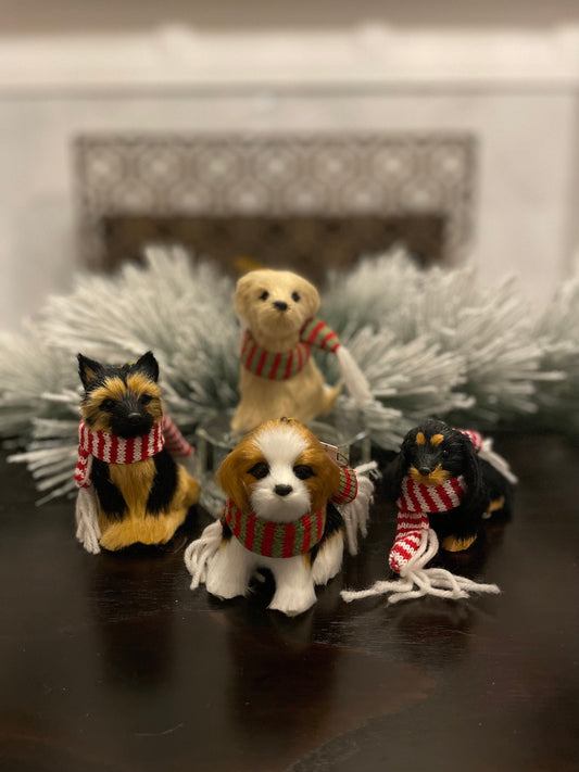 4” faux fur dog with scarf Christmas dog ornament. Set of 4 dogs.