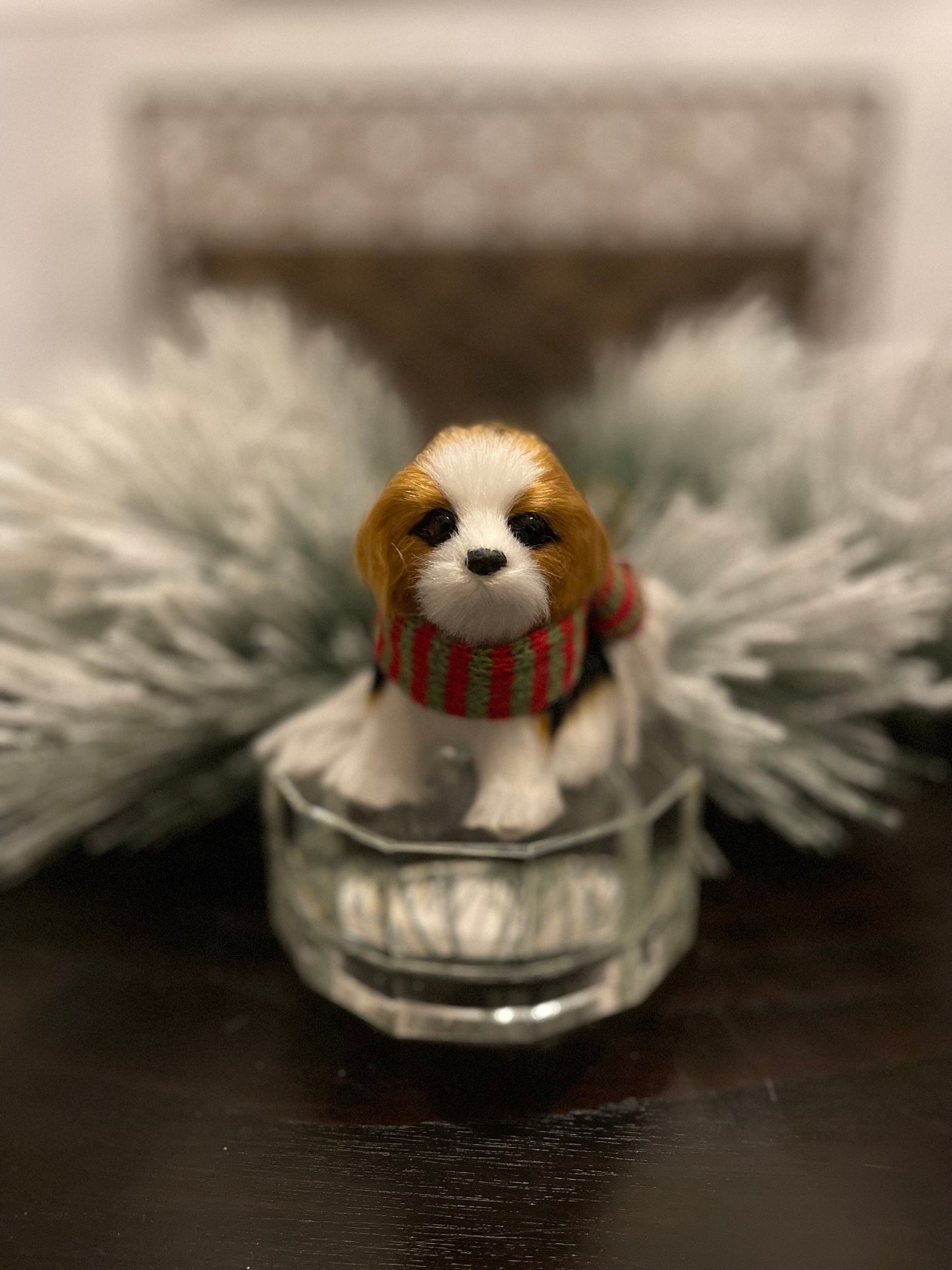 4” faux fur dog with scarf Christmas dog ornament. Set of 4 dogs.