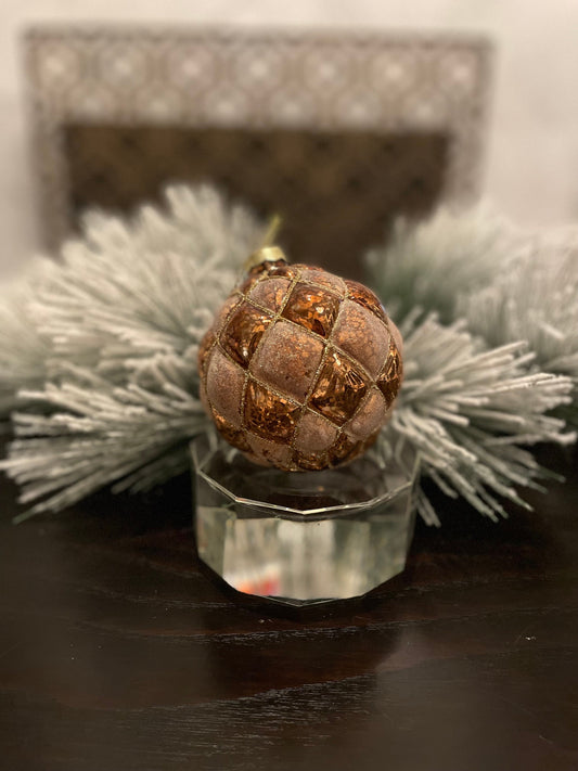 Set of 2. 4" glass tufted ball ornament. Cooper/brown.