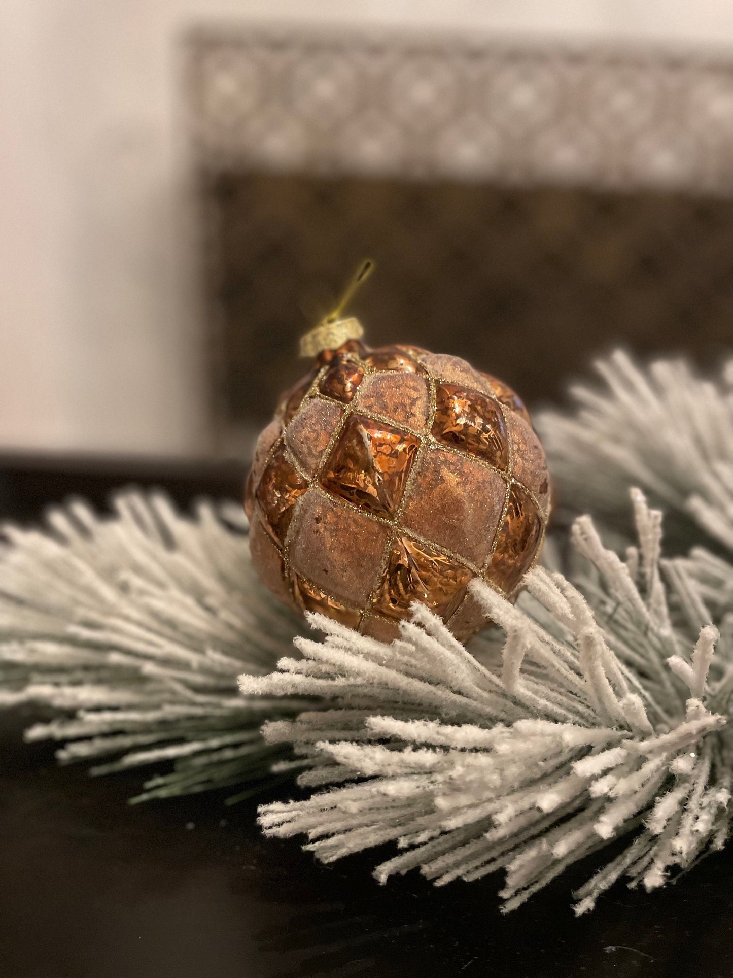 Set of 2. 4" glass tufted ball ornament. Cooper/brown.