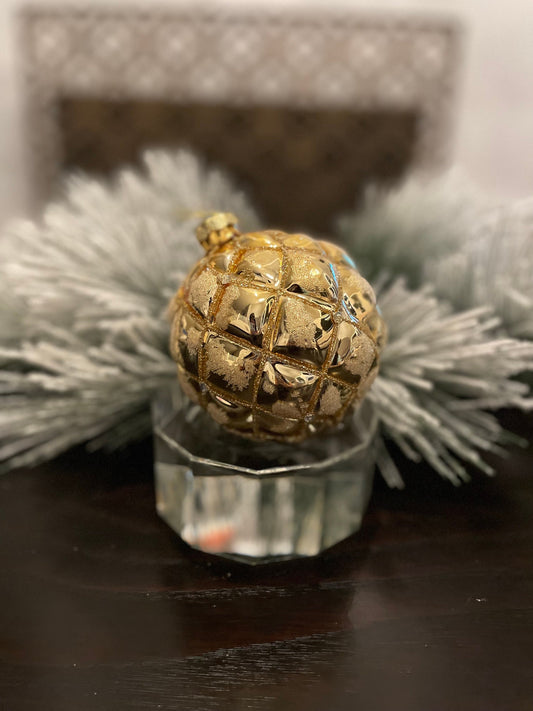 Set of 2. 4" glass tufted ball ornament. Gold.