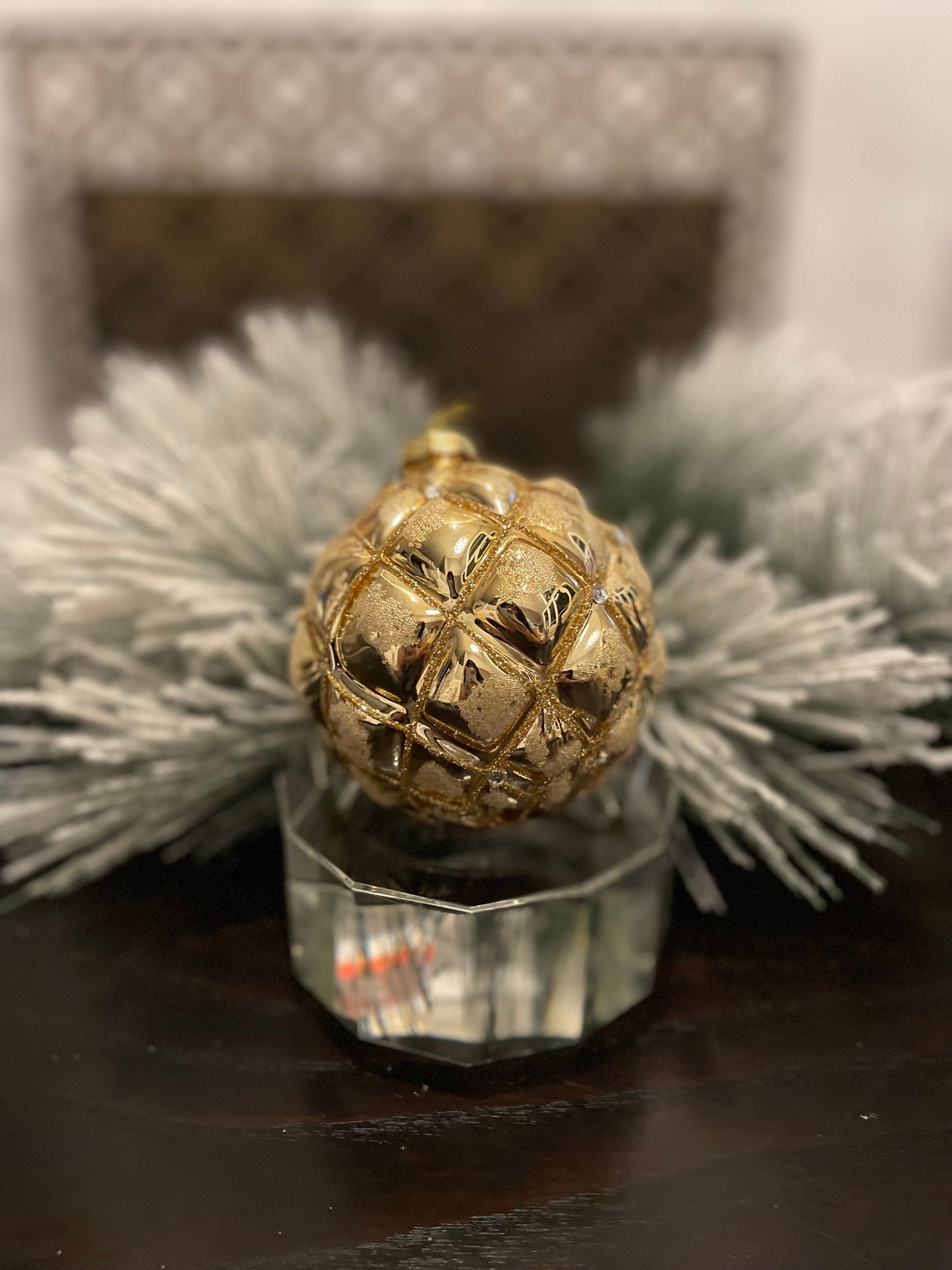 Set of 2. 4" glass tufted ball ornament. Gold.