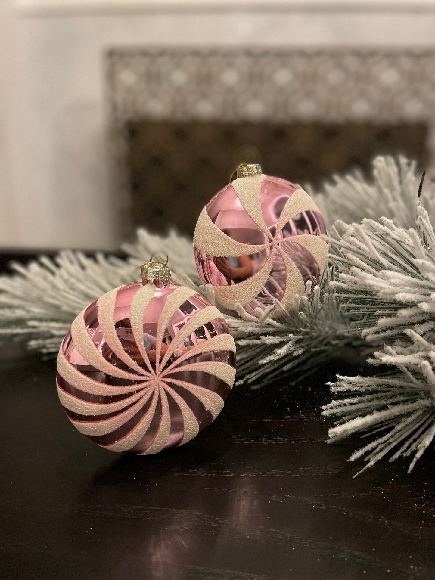 Set of 2. 4" glass peppermint candy disk ornament. Pink.