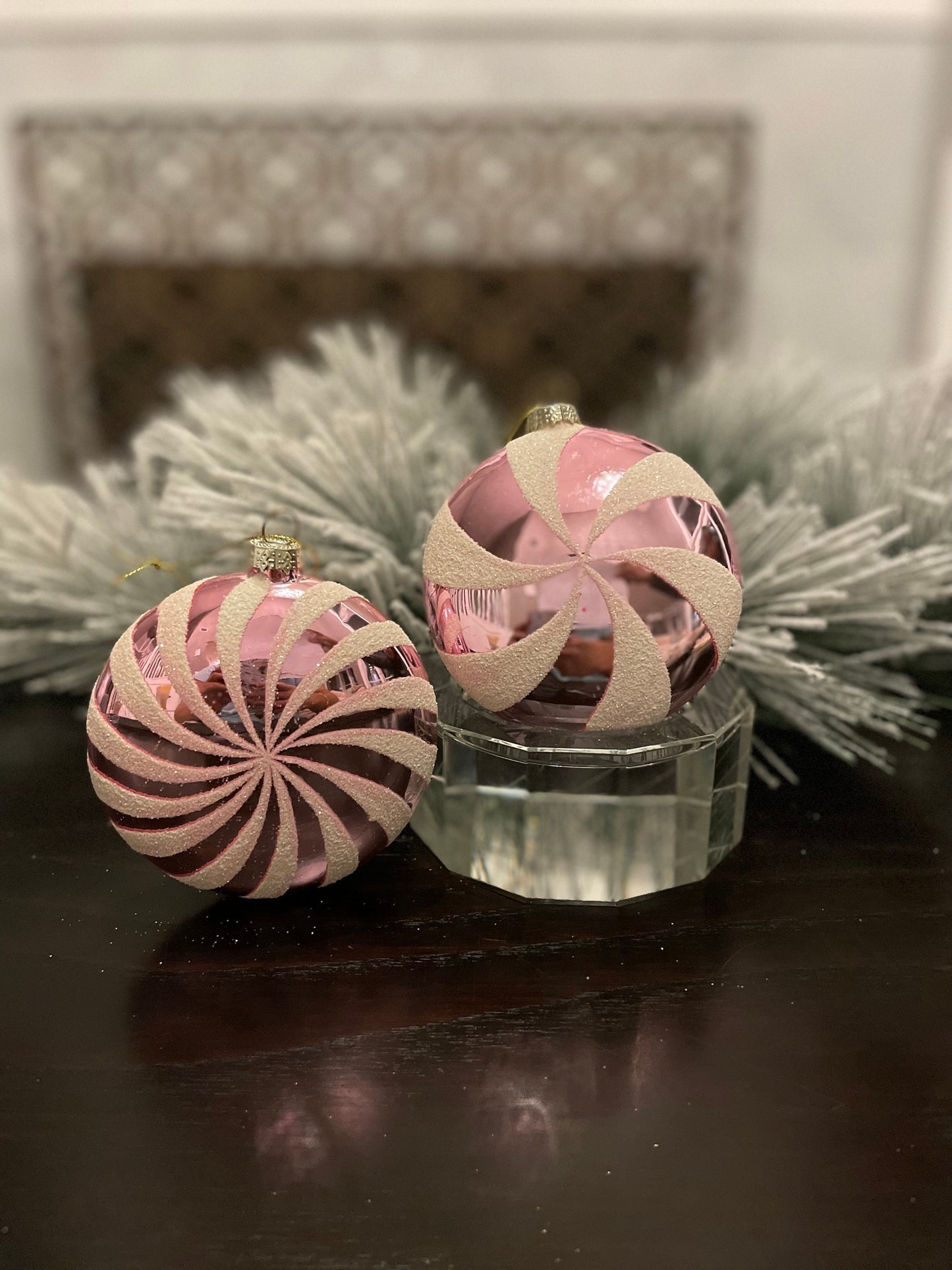 Set of 2. 4" glass peppermint candy disk ornament. Pink.
