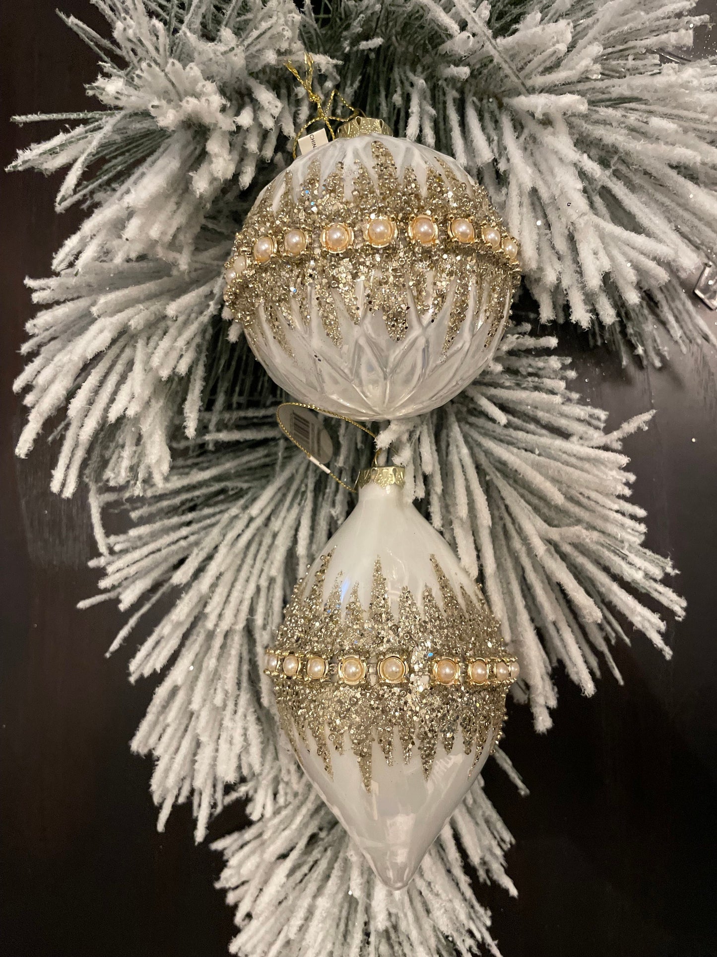 Set of 2. 4”-6" Glass beaded pearl ball/finial ornament. Set of 2. Ivory and gold.