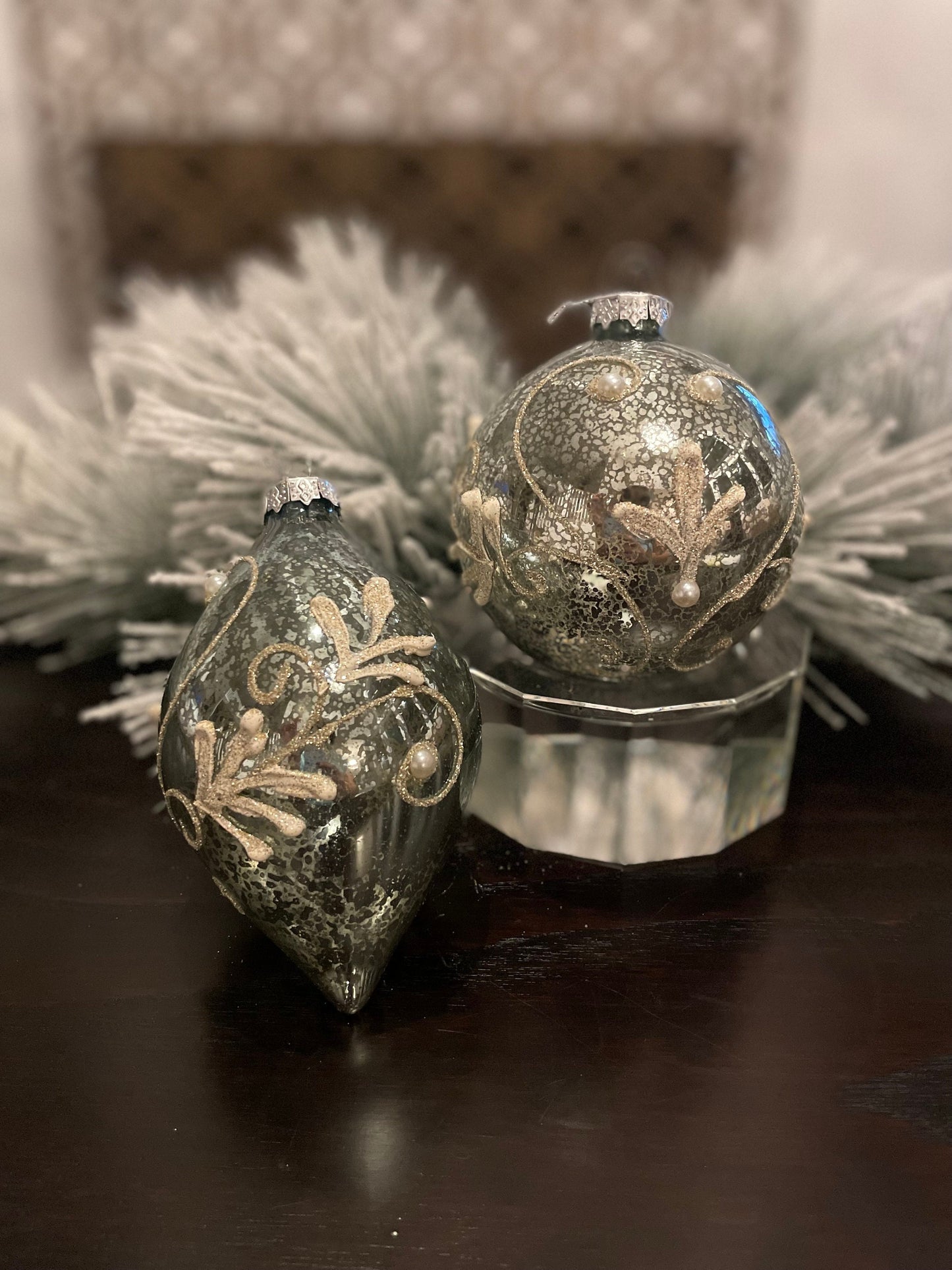 Set of 2. 4-6” shiny mercury glass beaded and pearl ball and finial ornament. Aqua and gold.