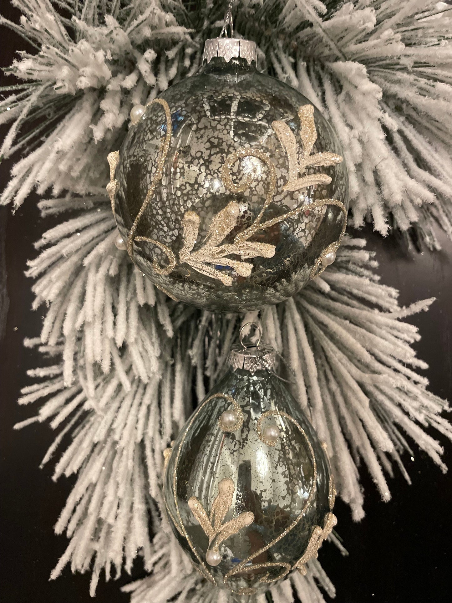 Set of 2. 4-6” shiny mercury glass beaded and pearl ball and finial ornament. Aqua and gold.