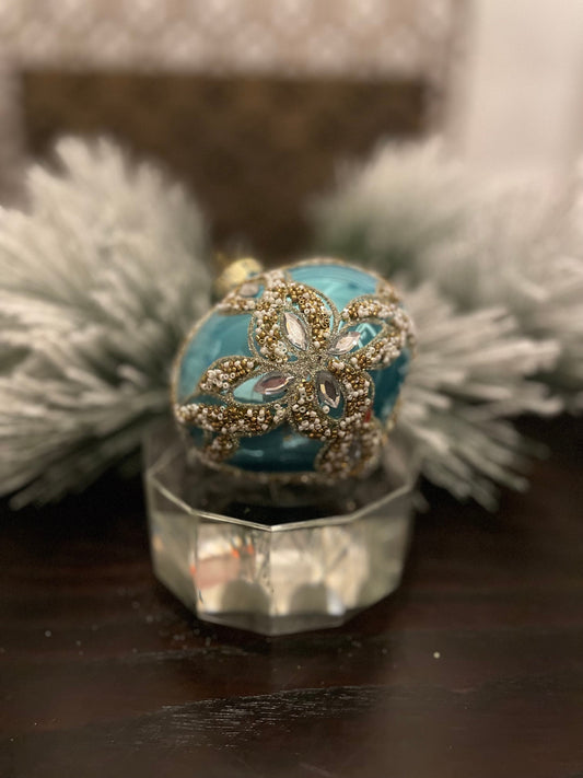 Set of 2. 4” glass beaded jewel trinity onion ornament. Aqua and silver.