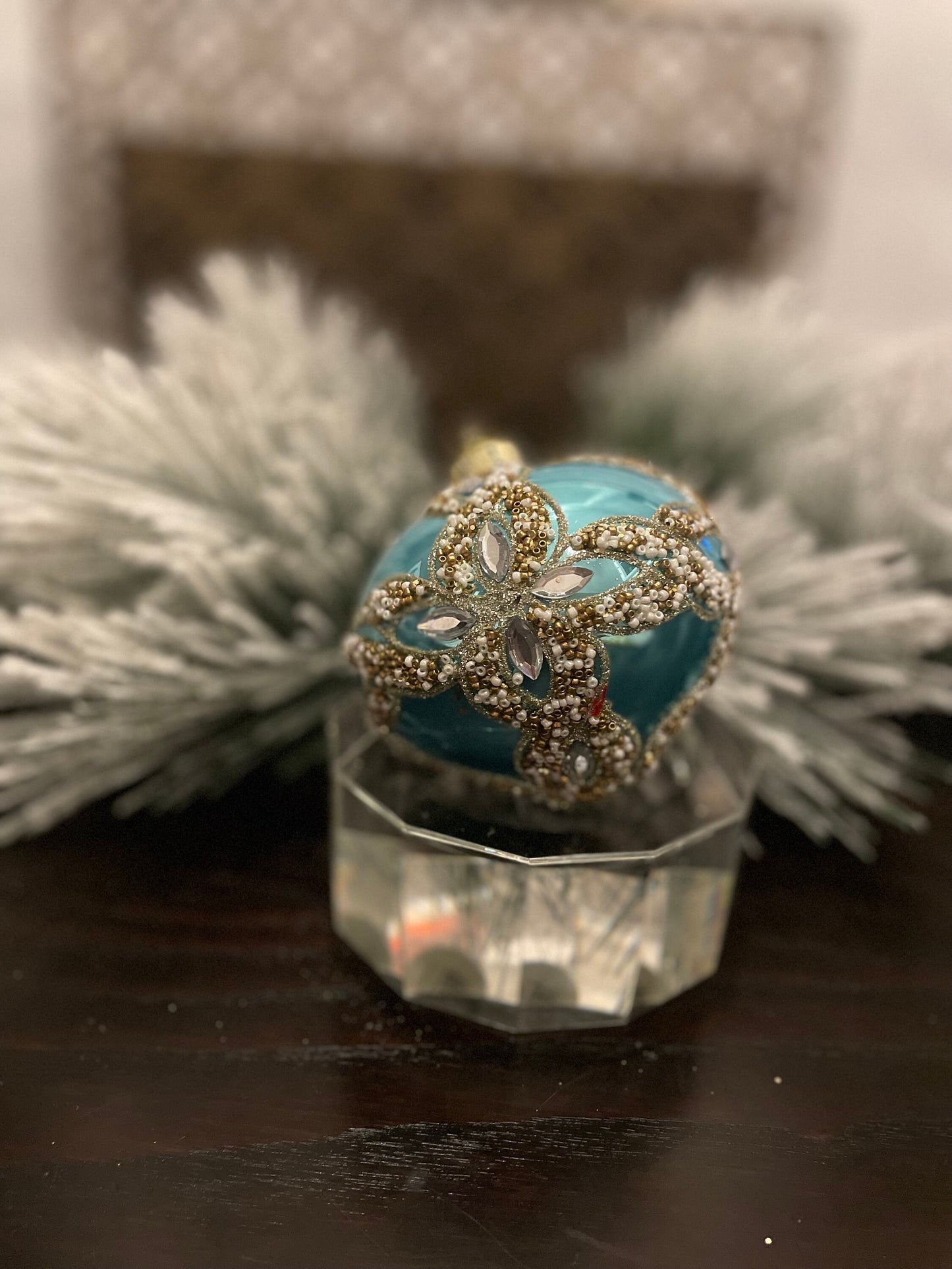 Set of 2. 4” glass beaded jewel trinity onion ornament. Aqua and silver.