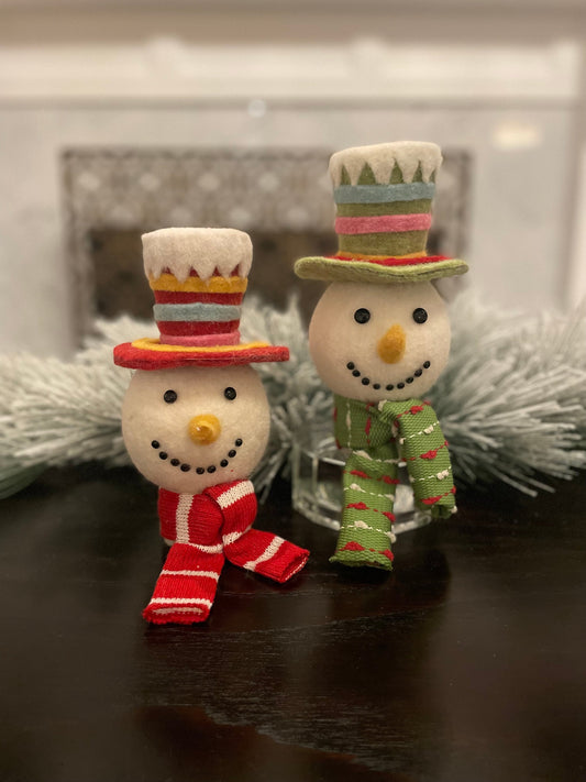Set of 2. 8”x 4” Sweet snowman head ornament. Multi color.