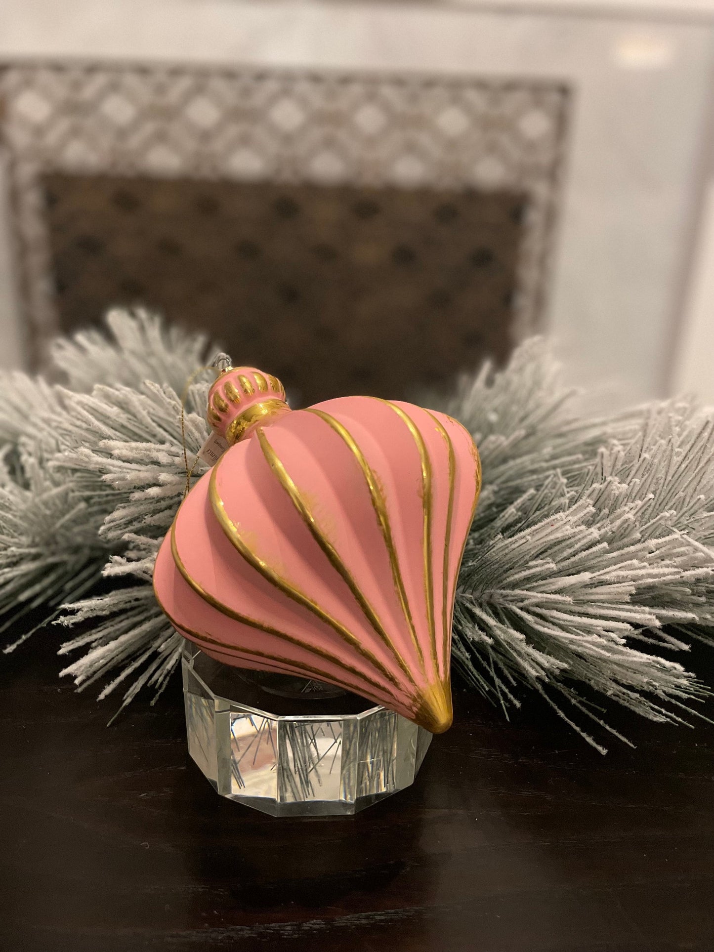 7” Onion ball ornament. Pink and gold. shatterproof