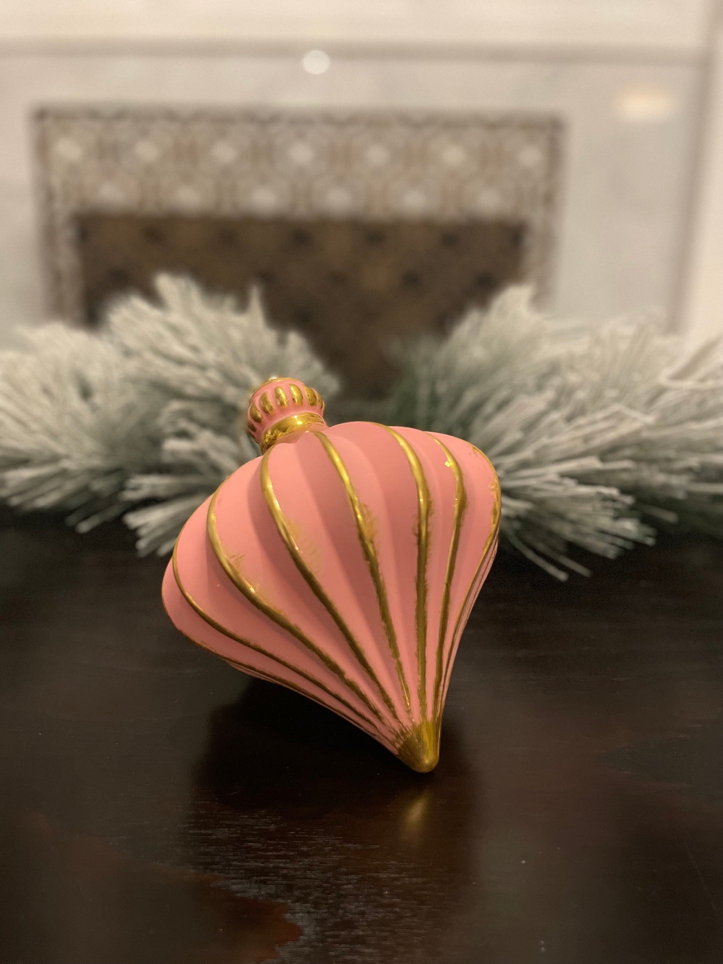 7” Onion ball ornament. Pink and gold. shatterproof