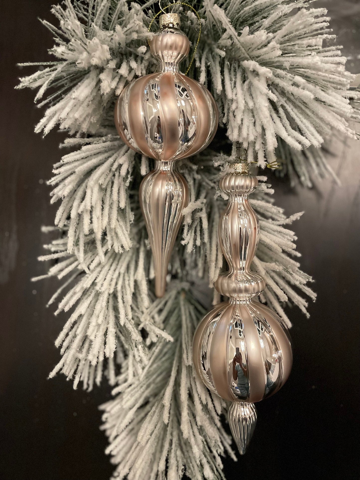 Set of 2. 9.5" Glass finial ornament. Soft gold and silver.