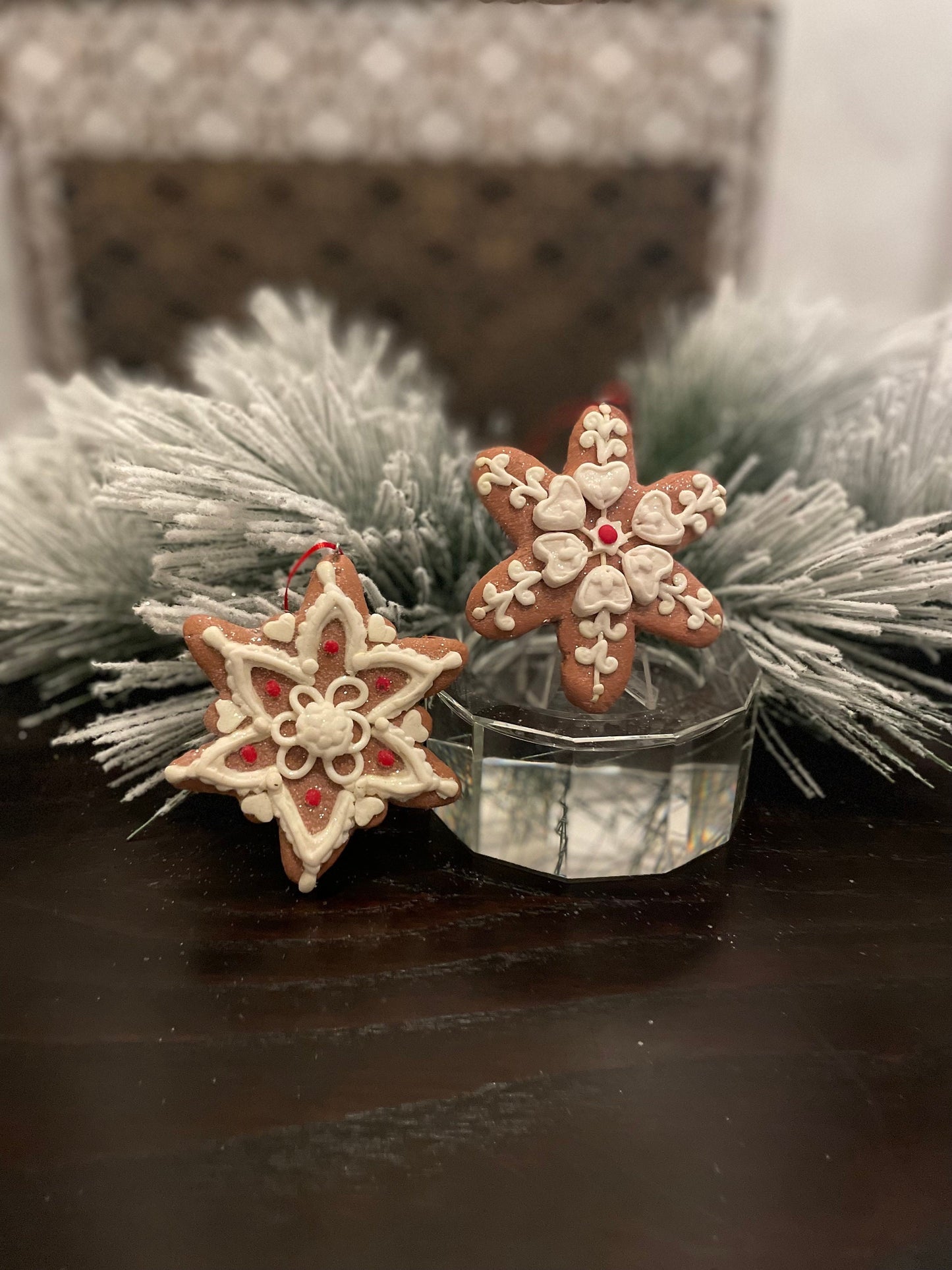 SET of 2. 4" Frosty Gingerbread snowflake ornament.