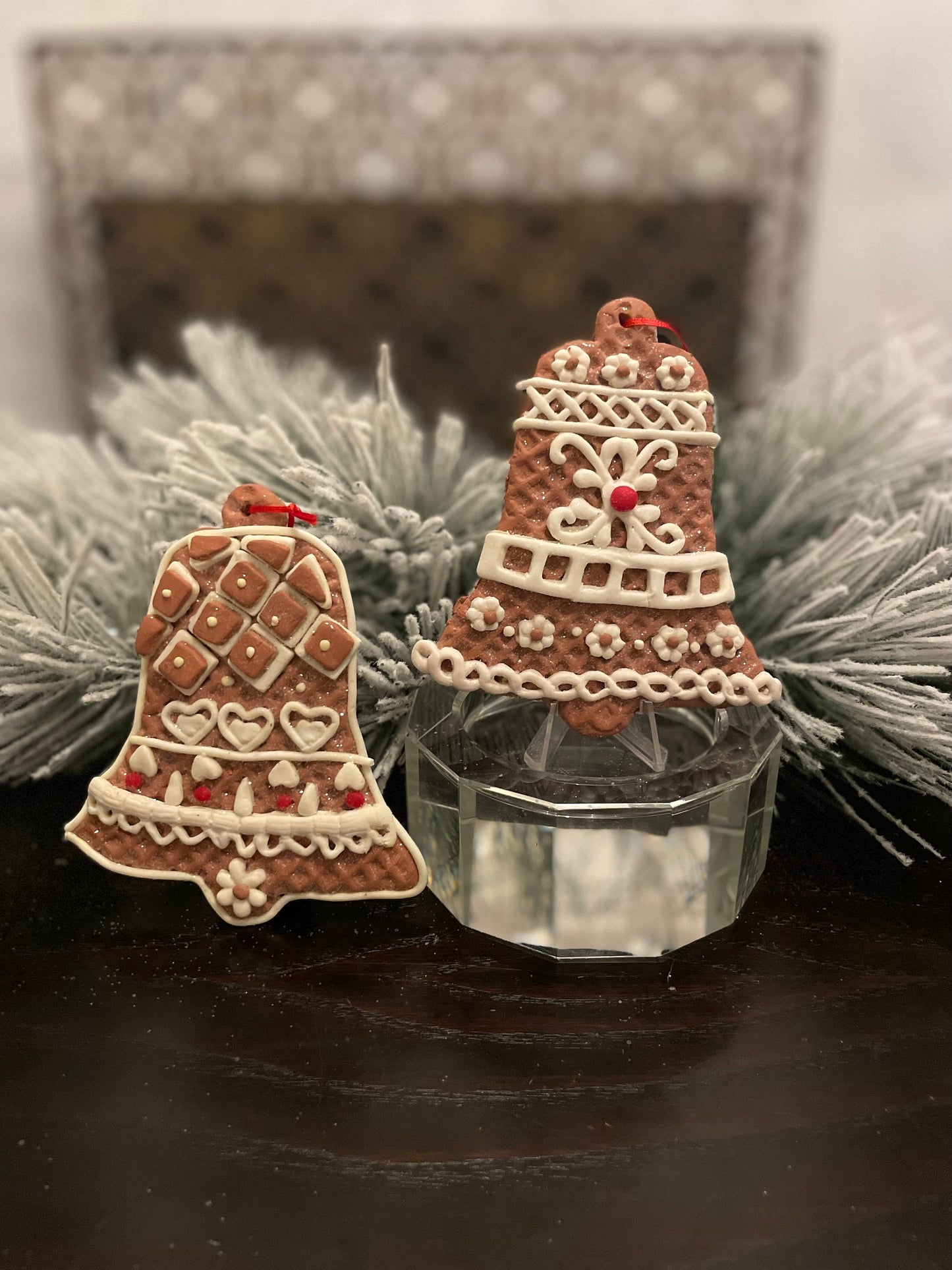 SET of 2. 4" Frosty Gingerbread bell ornament.
