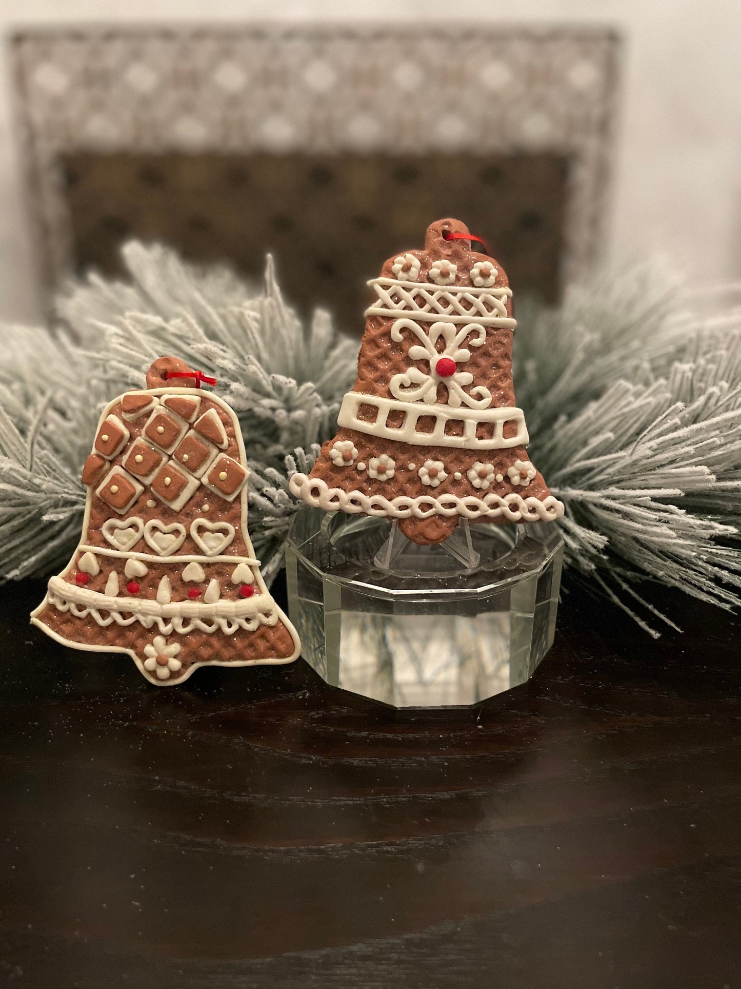 SET of 2. 4" Frosty Gingerbread bell ornament.