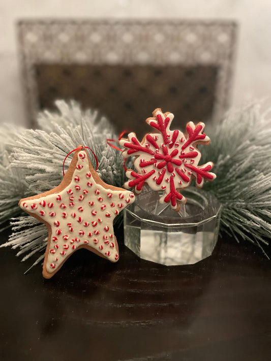 SET of 2. 4.5" Frosty Gingerbread snowflake and Star ornament.
