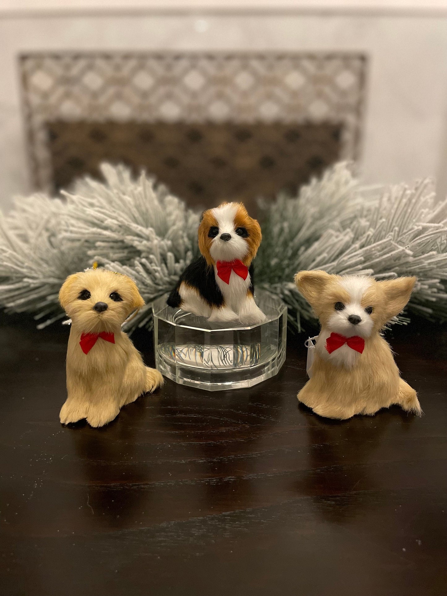 Set of 3. 4” faux fur dog, Christmas dog ornament.