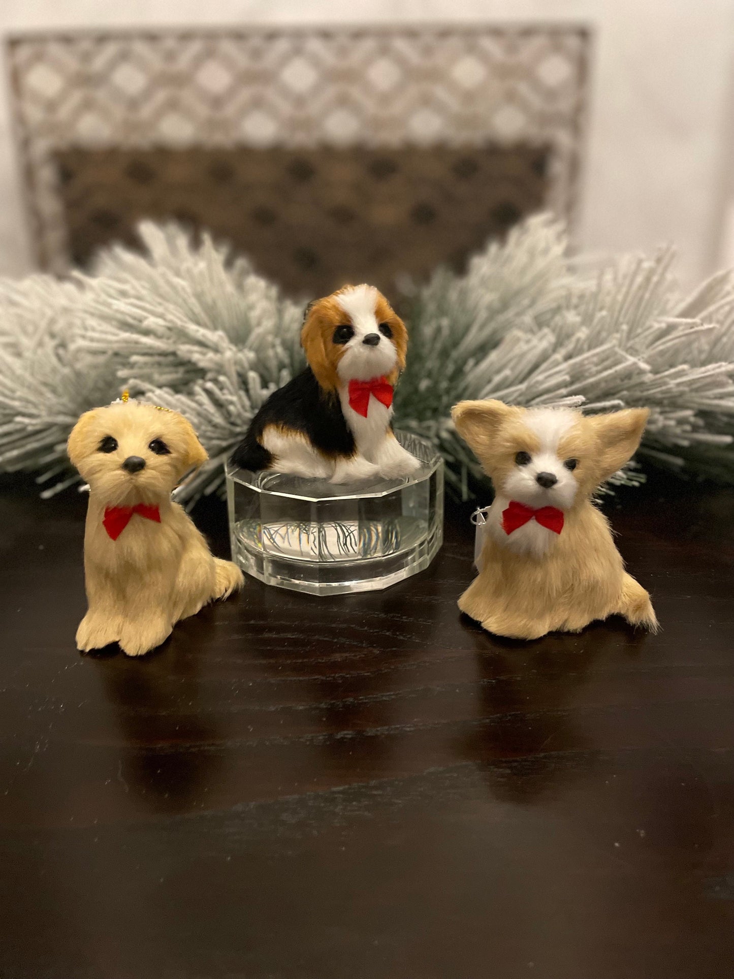 Set of 3. 4” faux fur dog, Christmas dog ornament.
