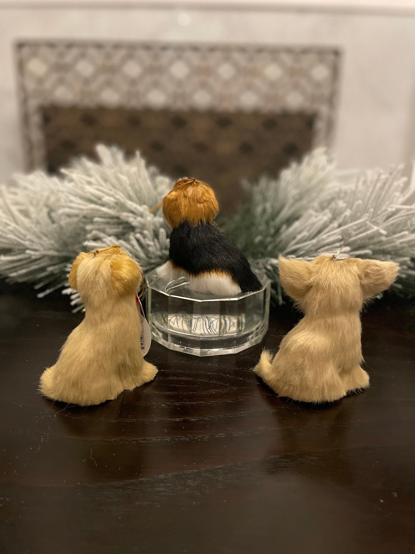 Set of 3. 4” faux fur dog, Christmas dog ornament.
