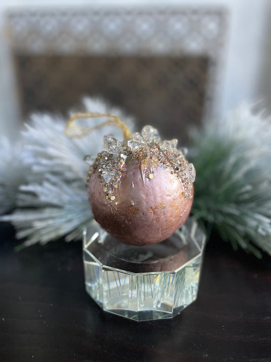 4" heavy jeweled ball ornament pink and rose gold.