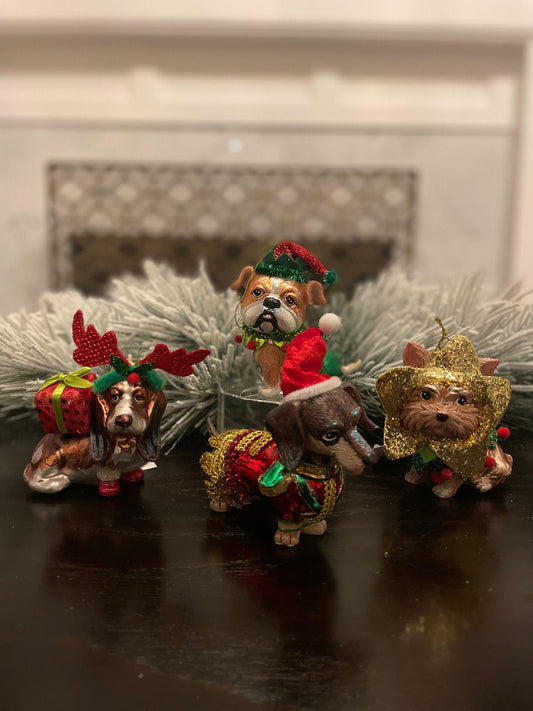 Set of 4. 4" Dogs with Christmas outfit ornament. Glass.