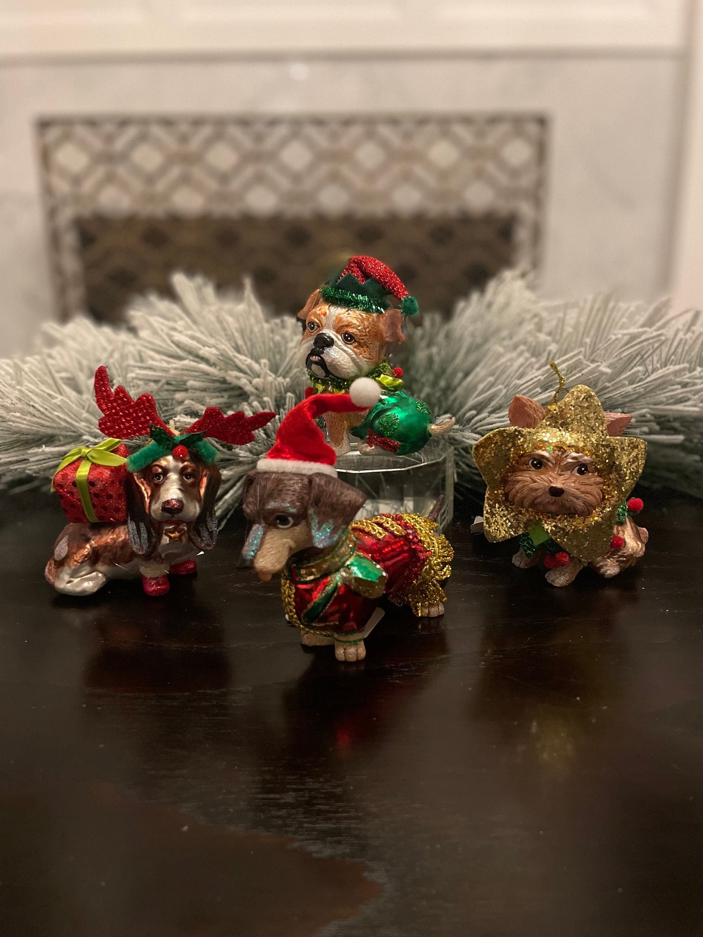 Set of 4. 4" Dogs with Christmas outfit ornament. Glass.