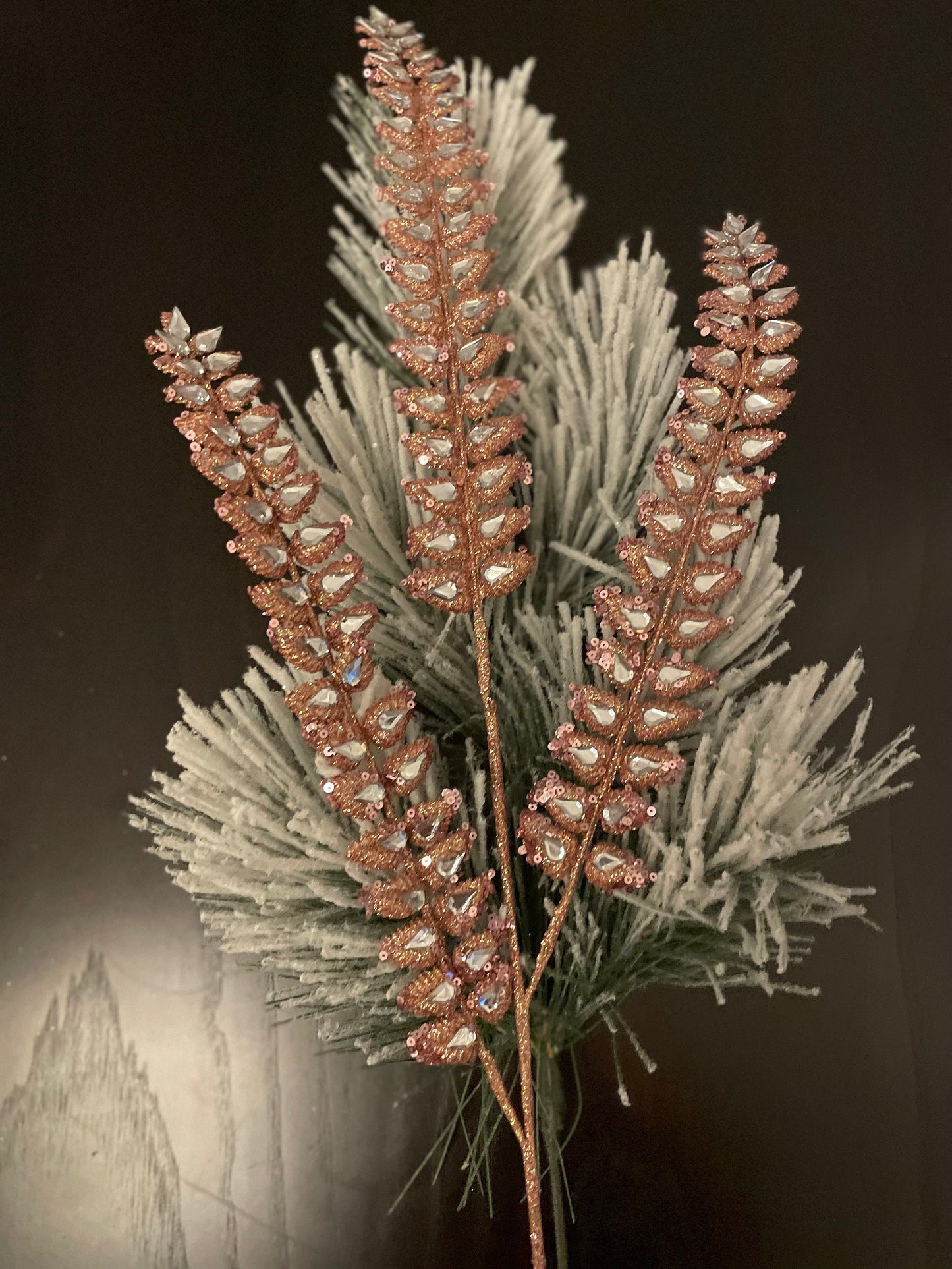 34.5" jeweled glitter fern spray pink and gold. SET of 3. Green flocked branches NOT included.