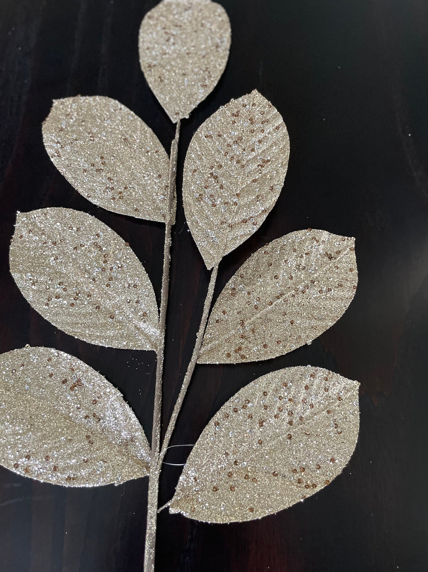 Set of 3. 27" glitter leaf spray. Champagne.